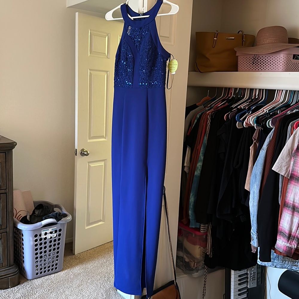 Blue dress with sequins and side slit size 3